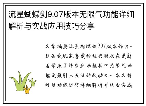 流星蝴蝶剑9.07版本无限气功能详细解析与实战应用技巧分享